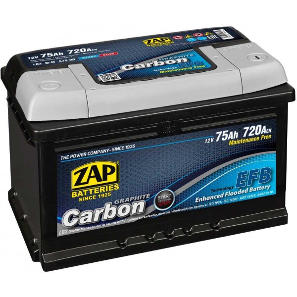autobaterie ZAP Carbon EFB 75Ah 12V 720A 276x175x175