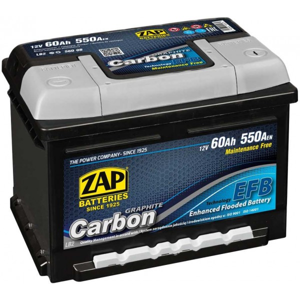 autobaterie ZAP Carbon EFB 60Ah 12V 550A 242x175x175