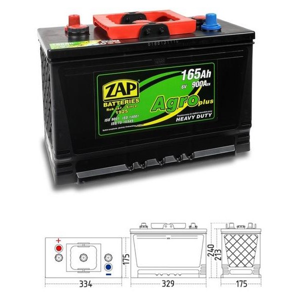 autobaterie ZAP Agro HD 165Ah 6V 900A 334x175x240