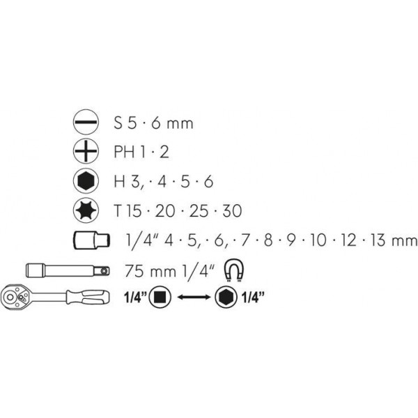 Sada oboustranná ráčna s bity a adaptery 1/4" 23ks